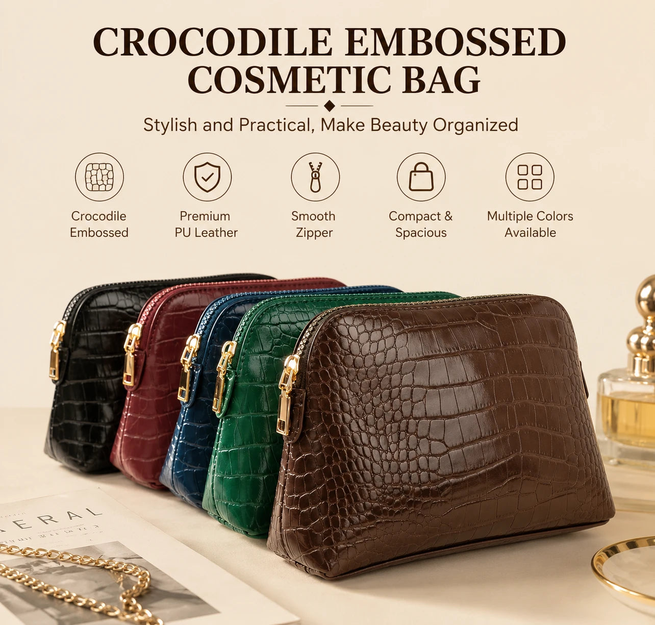 Luxury Crocodile Pattern PU Makeup Bag